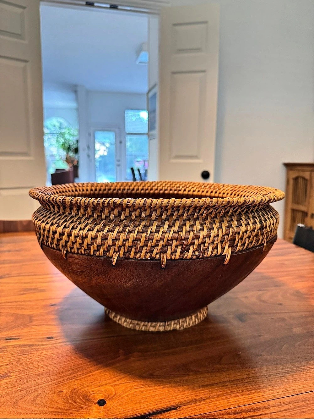 Large Solid Wood Bowl Rattan Basket Hand Carved 14"